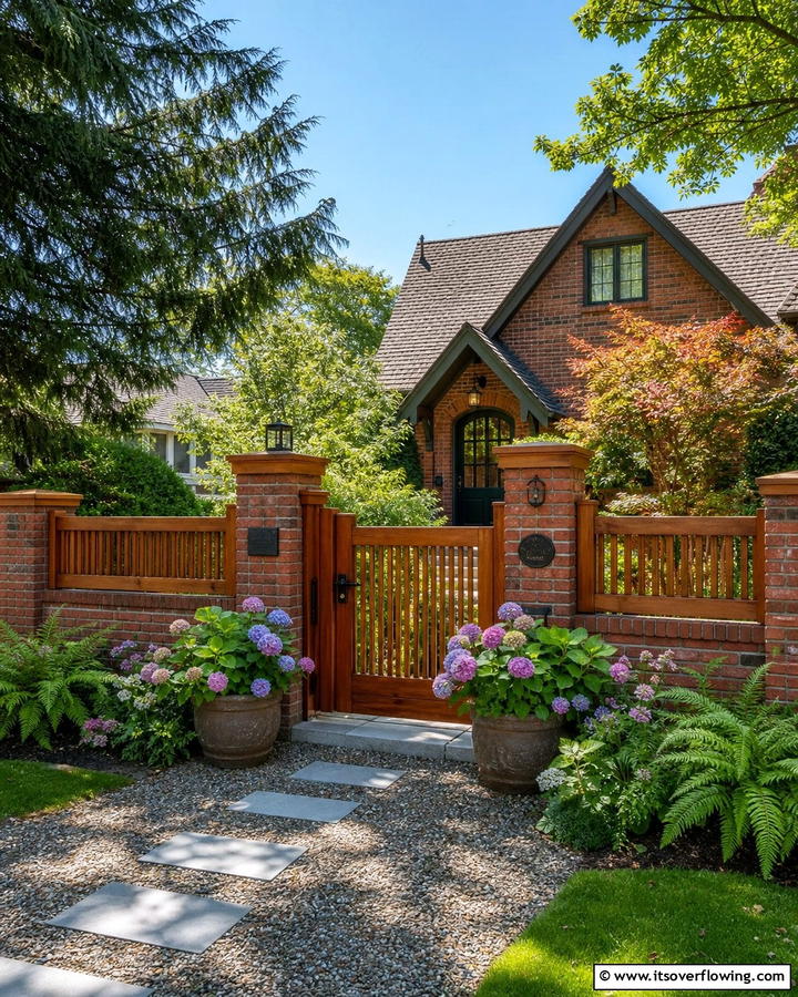 Brick Fence with Wooden Gate - 20 Front Yard Brick Fence Ideas for a Classic Look