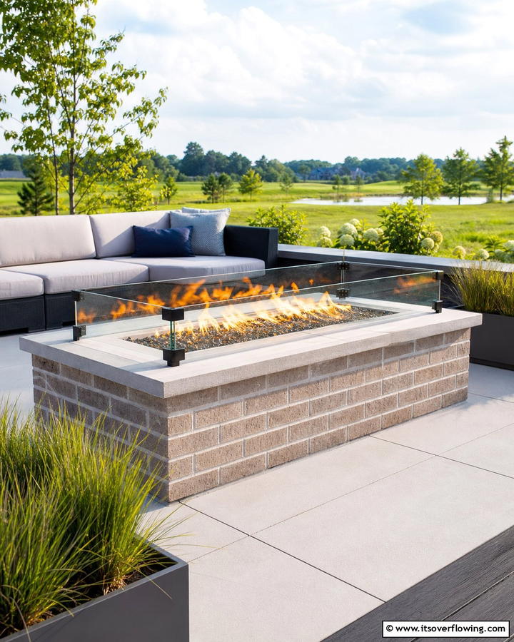 Brick Fire Pit with a Glass Wind Guard - 25 Creative Brick Fire Pit Ideas for Your Backyard