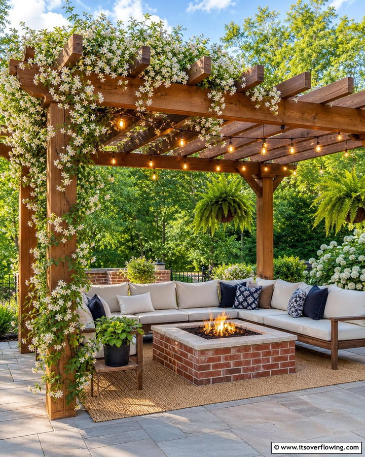 Brick Fire Pit with a Pergola - 25 Creative Brick Fire Pit Ideas for Your Backyard
