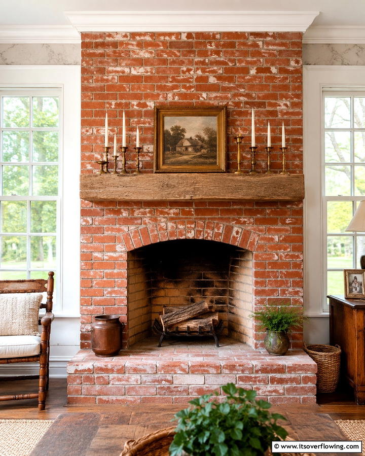 Brick Fireplace Between Vintage Styled Windows - 25 Fireplace Between Windows Ideas for Cozy Homes