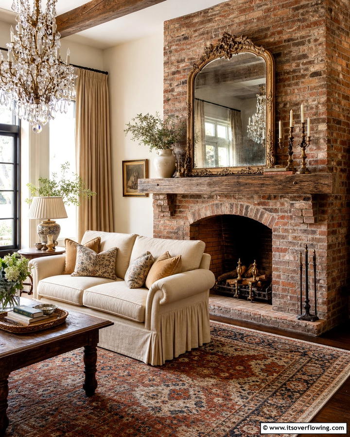 Brick Fireplace with Antique Mirror Accent - 25 Rustic Living Room Ideas with a Brick Fireplace