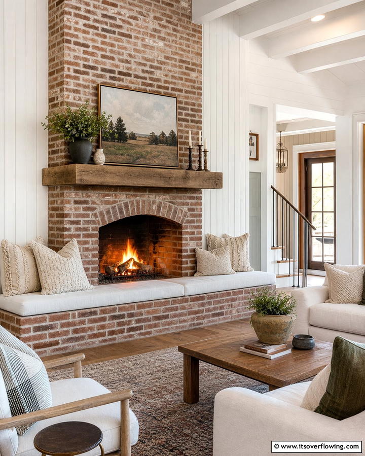 Brick Fireplace with Built In Seating - 25 Rustic Living Room Ideas with a Brick Fireplace