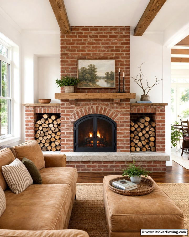 Brick Fireplace with Built In Wood Storage - 25 Rustic Living Room Ideas with a Brick Fireplace