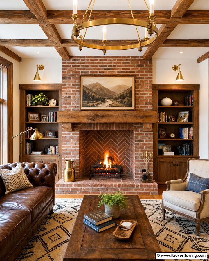 Brick Fireplace with Herringbone Pattern - 25 Cozy Cabin Fireplace Ideas for a Warm Retreat