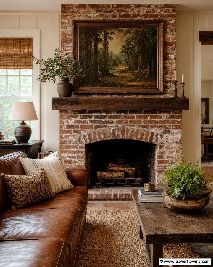 Brick Fireplace with Rustic Artwork - 25 Rustic Living Room Ideas with a Brick Fireplace