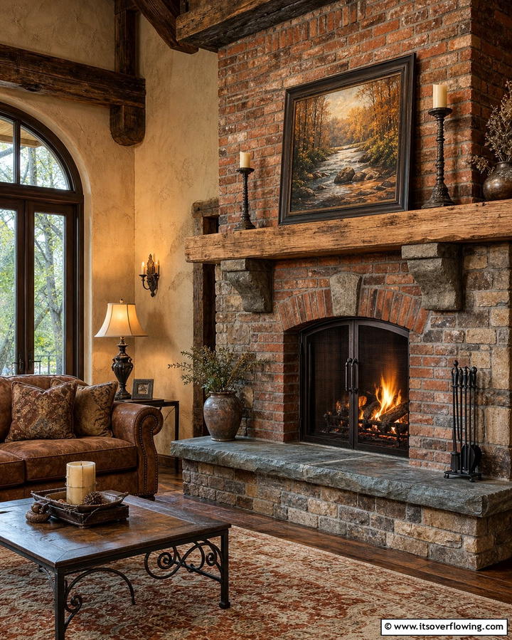 Brick Fireplace with Rustic Stone Accents - 25 Rustic Living Room Ideas with a Brick Fireplace