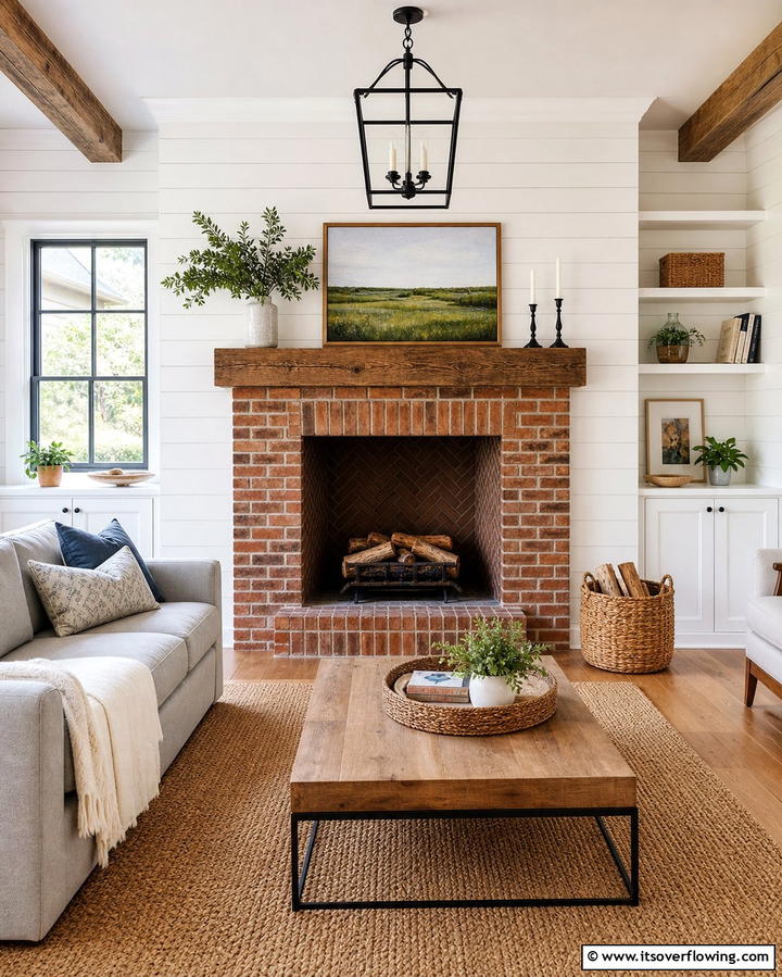 Brick Fireplace with Shiplap Surround - 25 Rustic Living Room Ideas with a Brick Fireplace