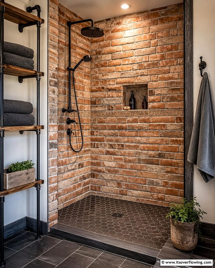 Brick Look Tiles for a Rustic Touch - 25 Walk-in Shower Tile Ideas for a Luxurious Bathroom
