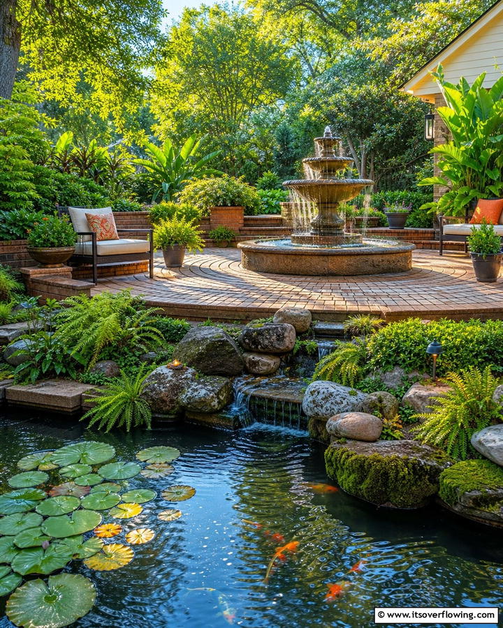 Brick Patio with Water Feature - 25 Creative Brick Patio Ideas for Your Backyard