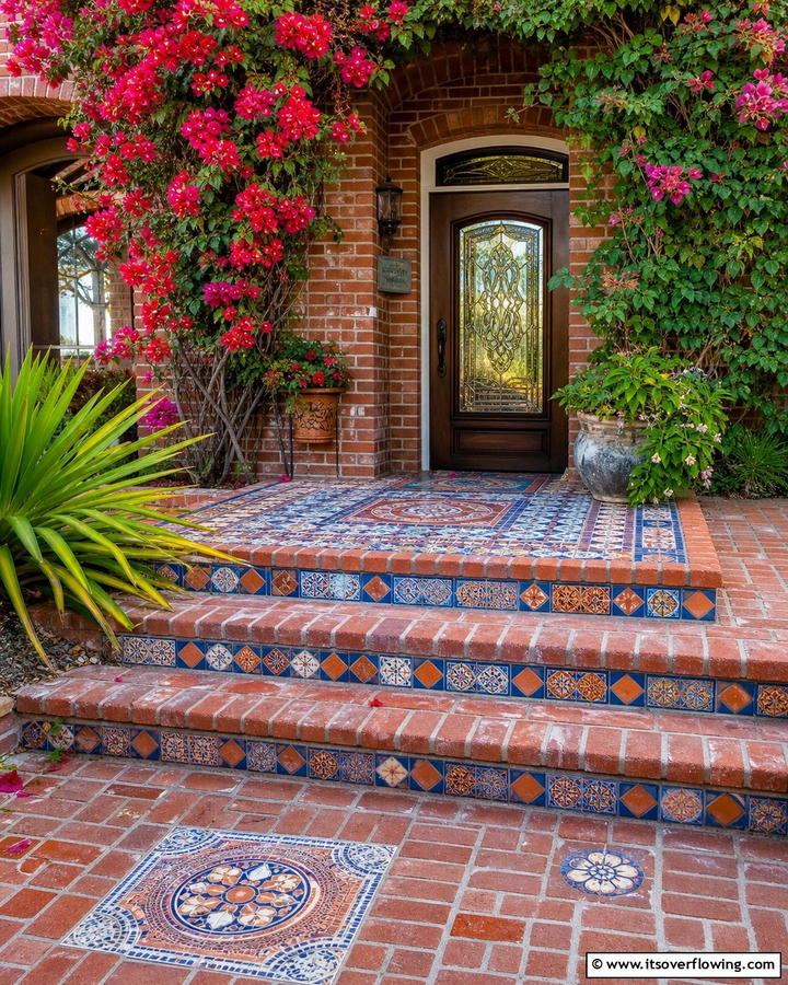 Brick Porch with Mosaic Inlays - 25 Brick Porch Ideas for a Charming Entrance
