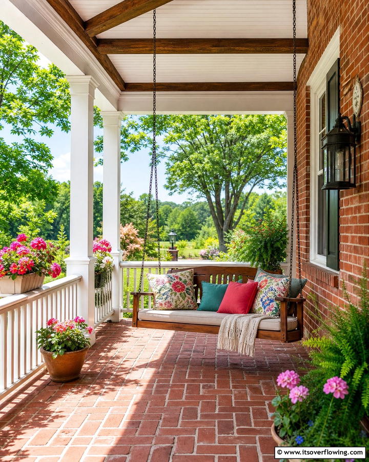 Brick Porch with Swing Seating - 25 Brick Porch Ideas for a Charming Entrance