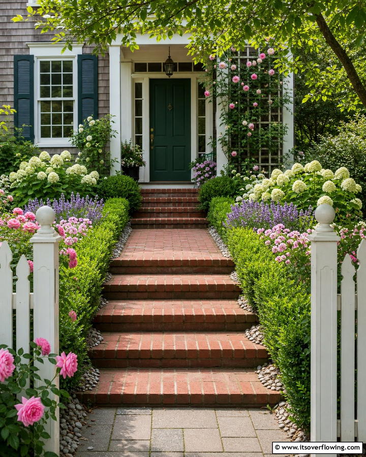Brick Steps Framed with Landscaping Borders - 25 Brick Front Steps Design Ideas for Curb Appeal