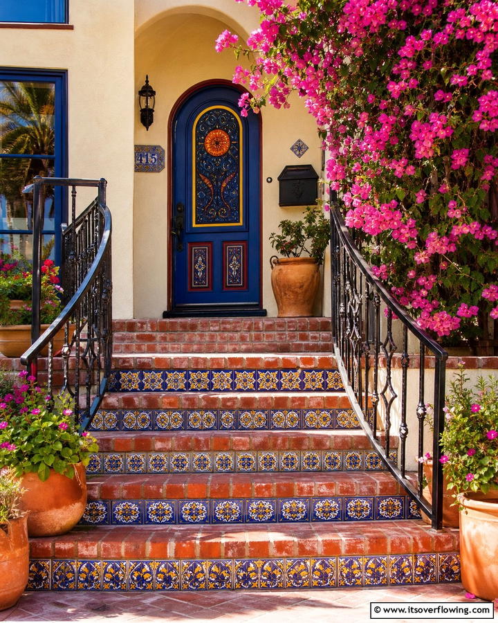 Brick Steps with Decorative Tiles - 25 Brick Front Steps Design Ideas for Curb Appeal