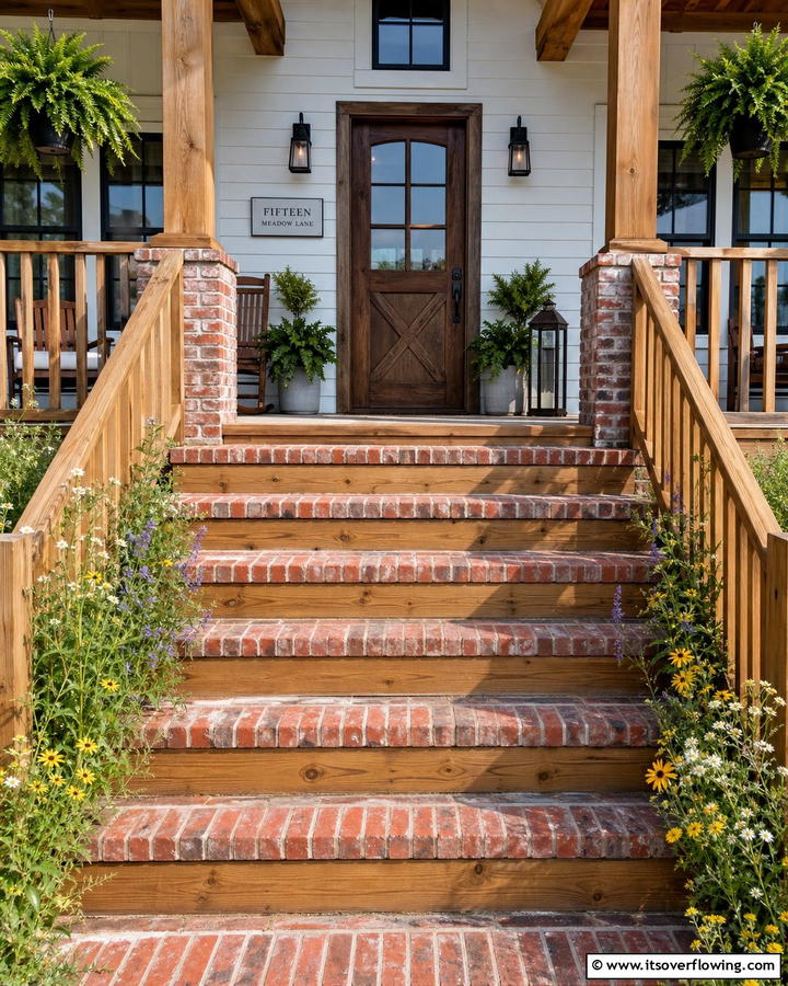 Brick Steps with Wooden Accent Risers - 25 Brick Front Steps Design Ideas for Curb Appeal