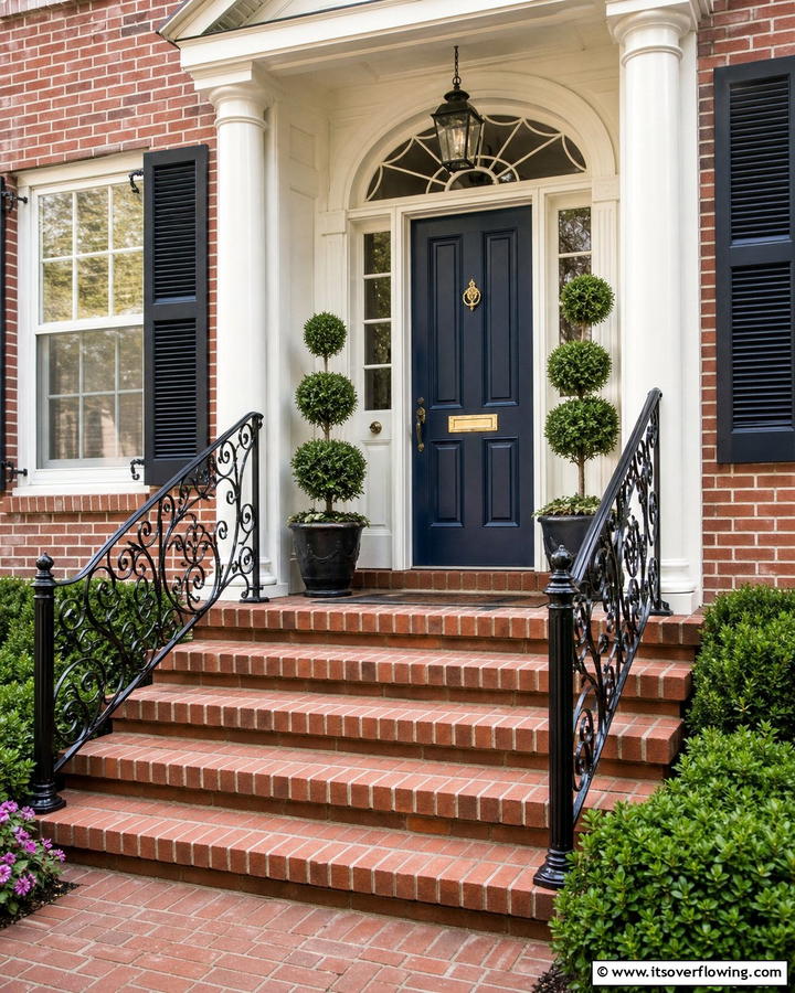 Brick Steps with Wrought Iron Railings - 25 Brick Front Steps Design Ideas for Curb Appeal