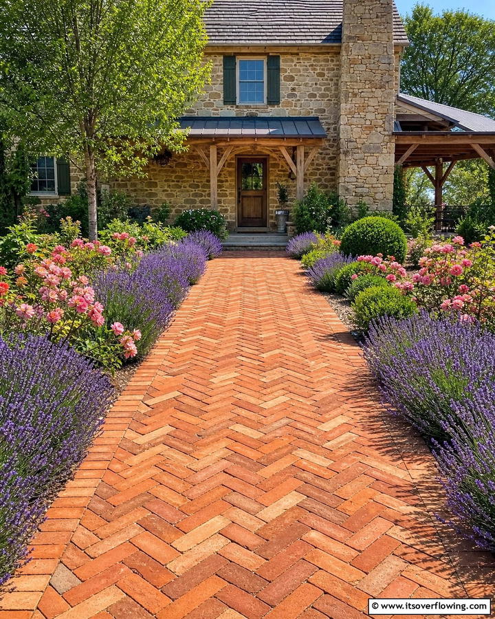 Brick Walkway with Herringbone Pattern - 20 Farmhouse Walkway Ideas for a Rustic Charm
