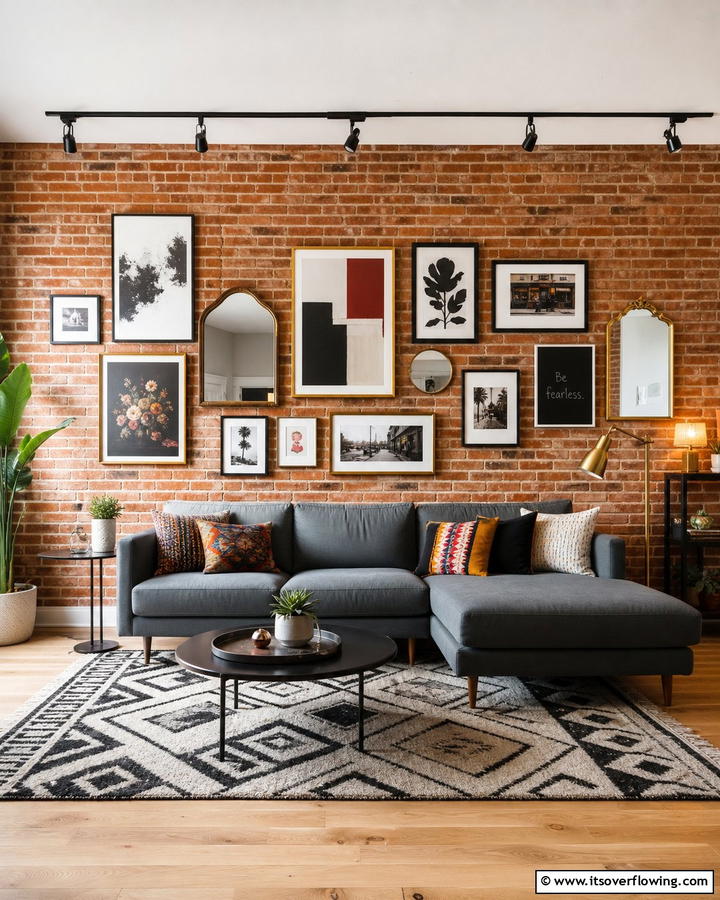 Brick Wall Gallery Display - 25 Brick Wall Living Room Ideas for a Cozy Feel