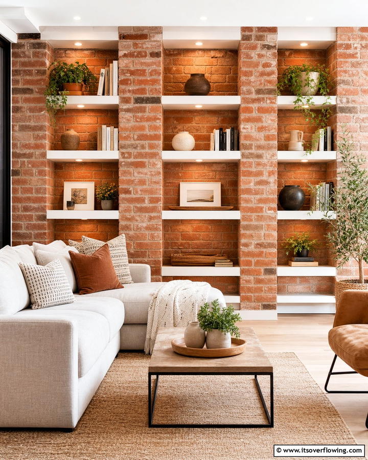 Brick Wall with Built In Shelves - 25 Brick Wall Living Room Ideas for a Cozy Feel