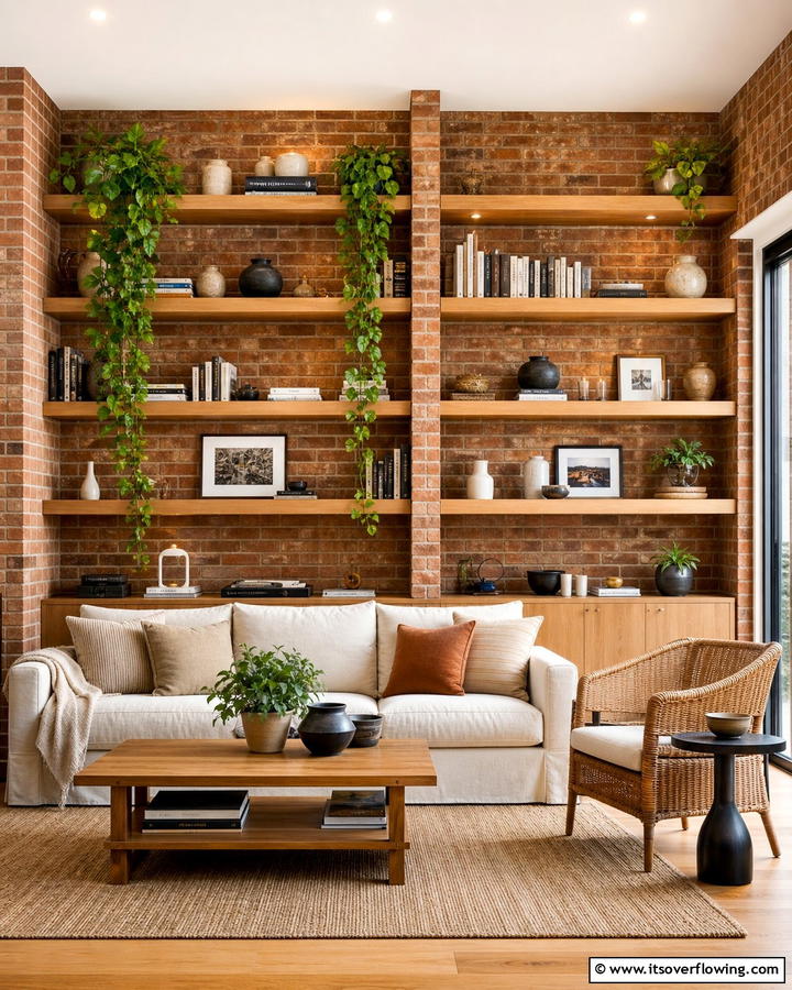 Brick Wall with Built In Shelving - 25 Brick Wall Living Room Ideas for a Cozy Feel