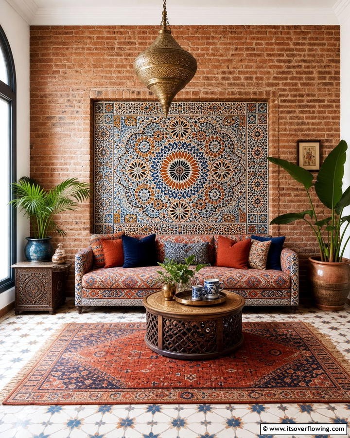 Brick Wall with Patterned Tiles - 25 Brick Wall Living Room Ideas for a Cozy Feel