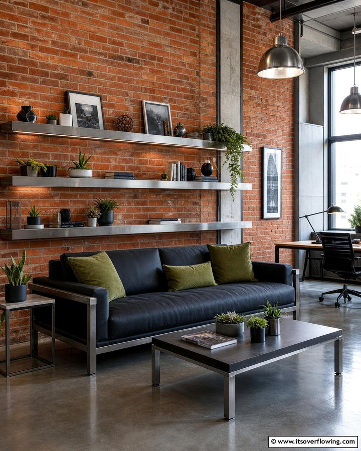 Brick and Metal Contrast - 25 Brick Wall Living Room Ideas for a Cozy Feel