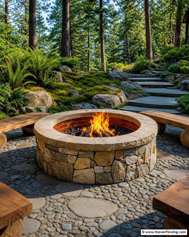 Brick and Stone Combination Fire Pit - 25 Creative Brick Fire Pit Ideas for Your Backyard