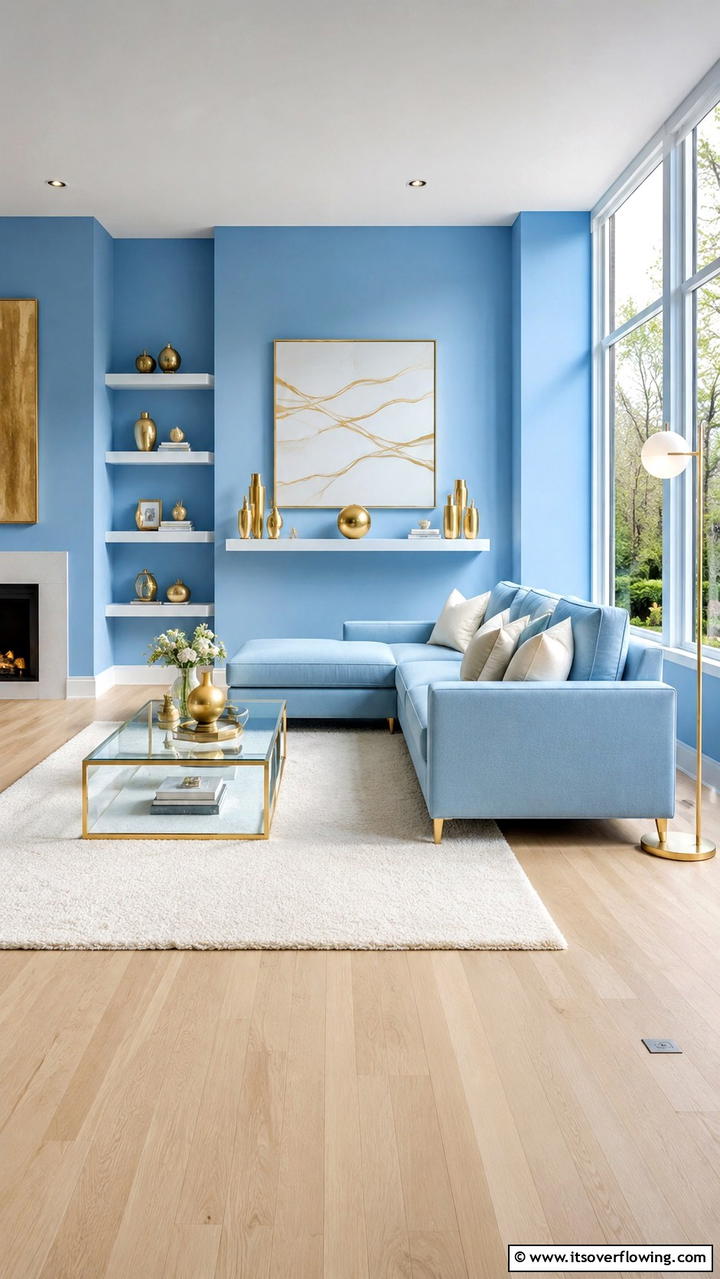 Bright Blue Interiors with Subtle Gold - 30 Stunning Blue and Gold Living Room Ideas for Elegant Spaces