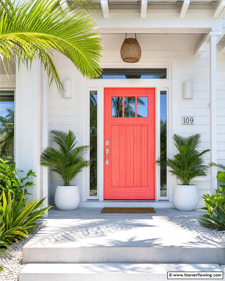 Bright Coral Pop - 20 Cedar Front Door Colors Ideas- Warm & Inviting