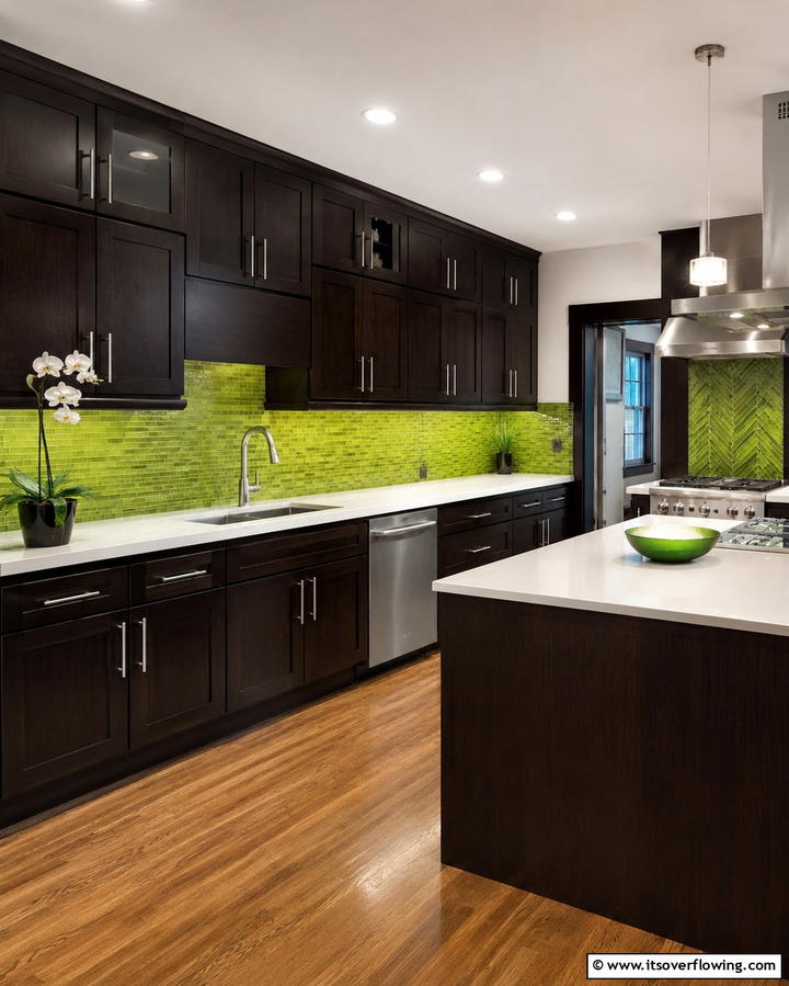 Bright Green Backsplash with Espresso Cabinets - 25 Warm Green and Brown Kitchen Design Ideas