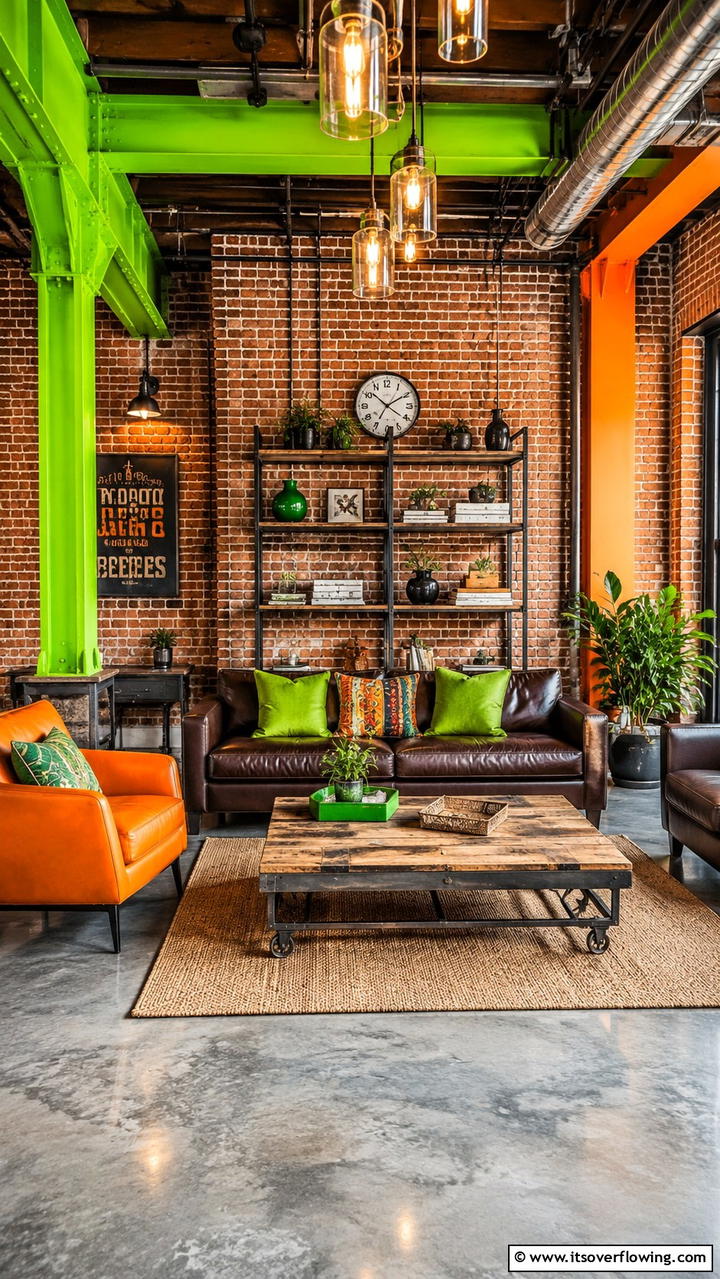 Bright Green and Orange Industrial Vibes - 30 Green and Orange Living Room Ideas for Bold Style