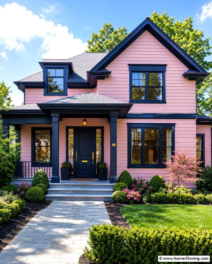 Bright Pink with White Stripes - 25 Pink House Exterior Ideas for a Charming Look