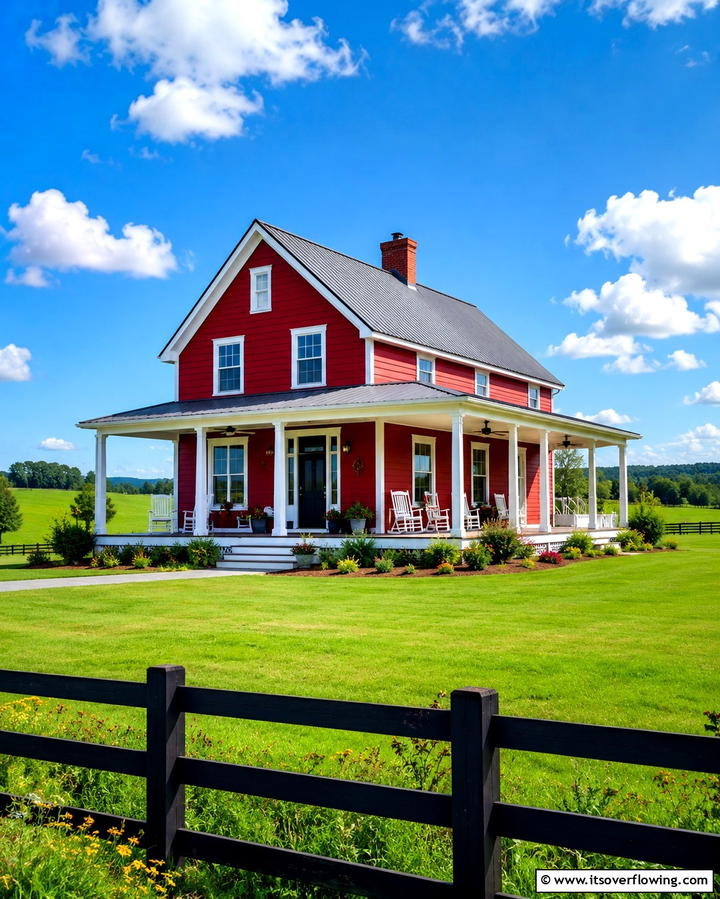 Bright Red Farmhouse - 25 Red Home Exterior Ideas to Boost Curb Appeal