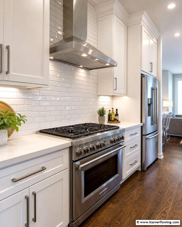 Bright Subway Tile Backsplash with Stainless Steel Appliances - 25 White Kitchen with Stainless Steel Appliances Ideas