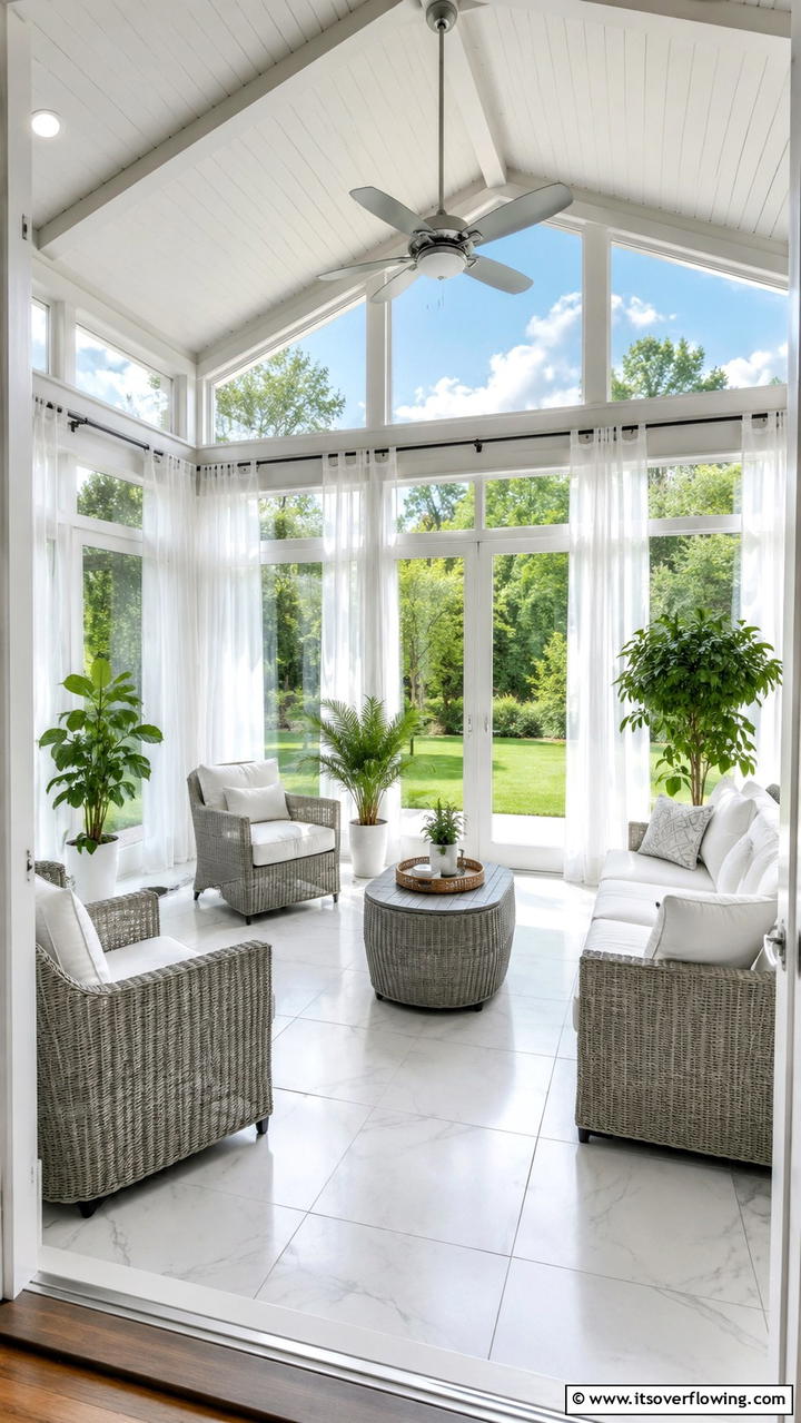 Bright Sunroom Escape - 30 Grey and White House Interior Ideas- Minimalist Elegance