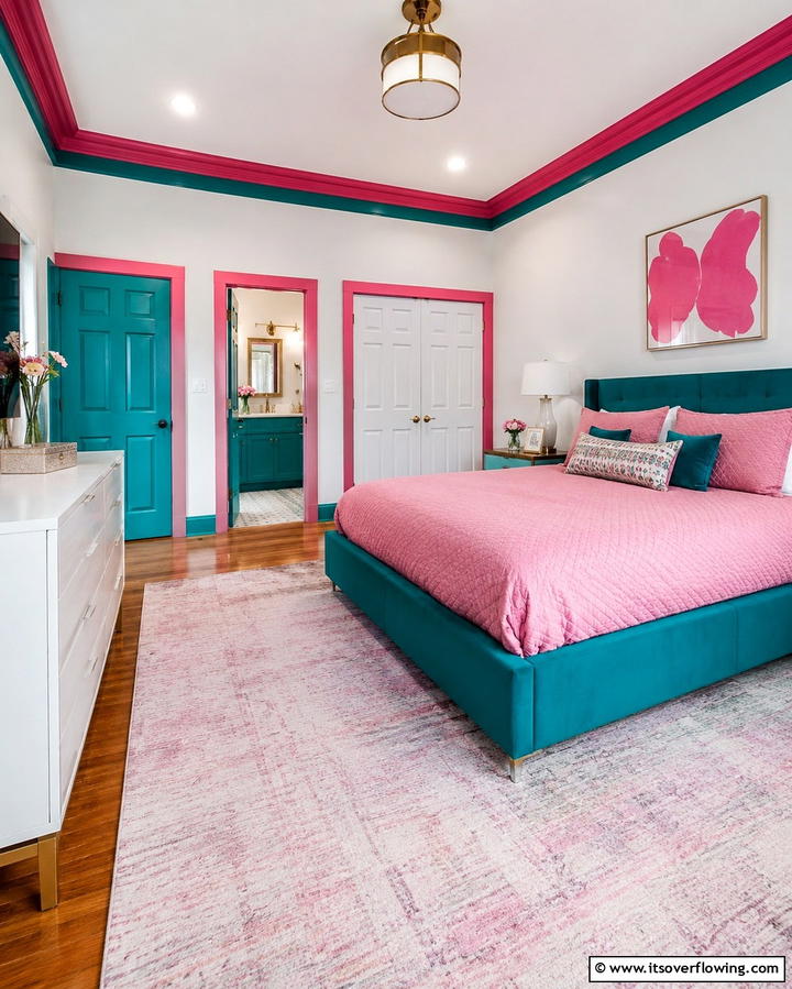 Bright Teal and Pink Trim Details - 30 Teal and Pink Bedroom Ideas for Bold Modern Design