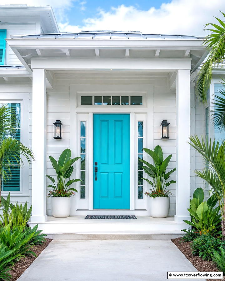 Bright Turquoise with White Accents - 20 Turquoise Front Door Ideas for a Pop of Color