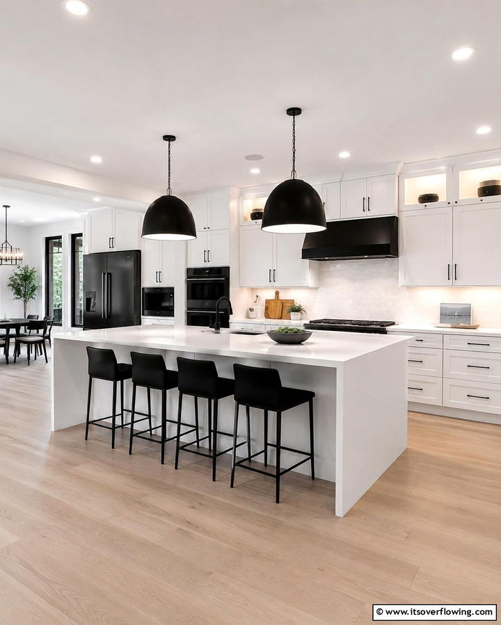 Bright White Island with Black Pendant Lighting - 30 White Kitchen Designs with Bold Black Appliances