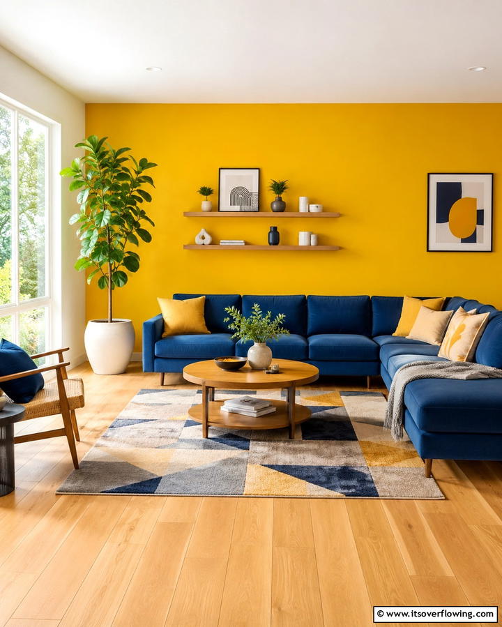 Bright Yellow Accent Walls with Blue Sofas - 25 Yellow and Blue Living Room Ideas for a Fresh Look