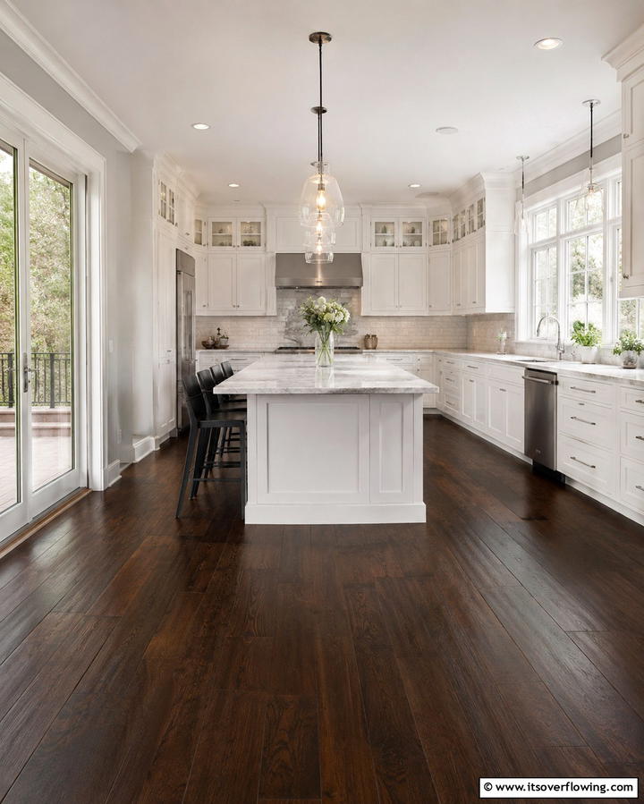Bright and Airy Contrast - 25 Kitchen With Dark Wood Floors Ideas for Elegance