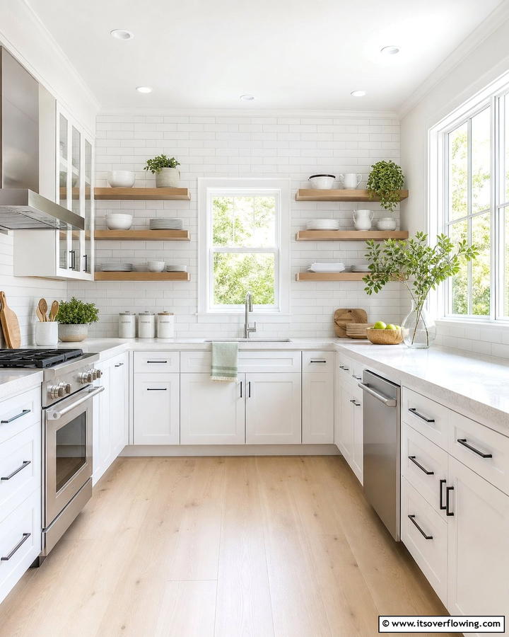 Bright and Airy U Shaped Kitchen with Open Shelving - 30 U-Shaped Kitchen Ideas for Optimal Layout and Storage