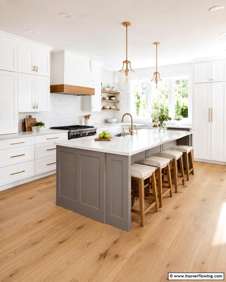 Bright and Airy White Cabinets with a Warm Grey Island - 25 White Kitchen Cabinets with Grey Island Ideas