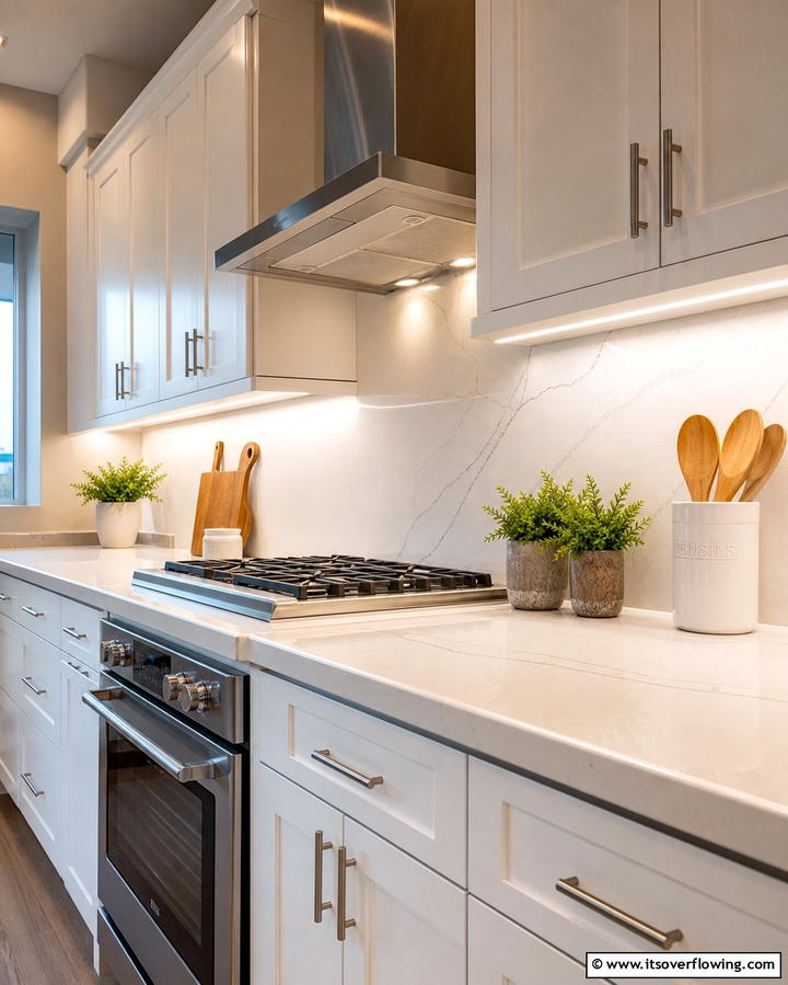 Brighten the Space with Under Cabinet Lighting - 25 White Kitchen with Stainless Steel Appliances Ideas