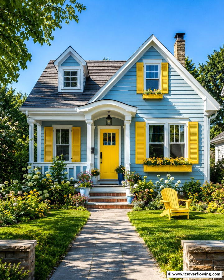 Brighten with Yellow Accents - 25 Light Blue House Exterior Ideas for a Fresh Look
