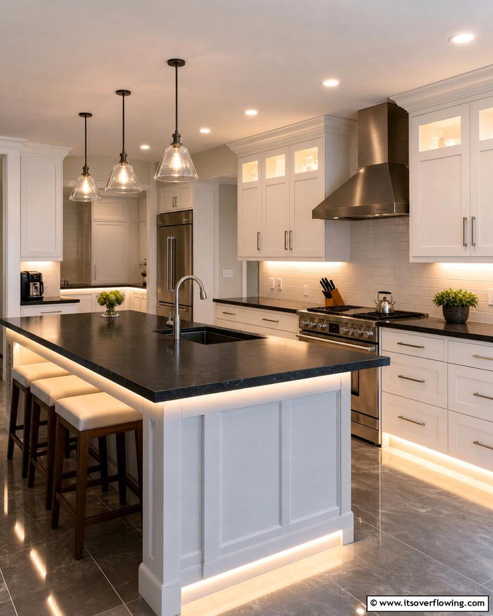 Brightening with Under Cabinet Lighting - 20 Kitchen Ideas with Dark Countertops and Light Cabinets