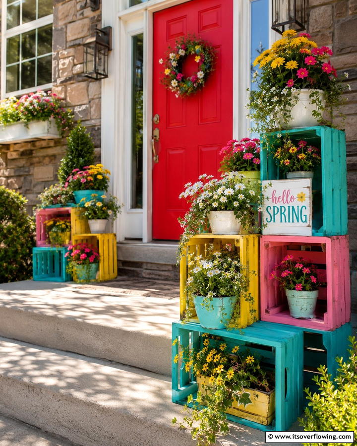 Brightly Painted Wooden Crate Display - 20 Spring Front Door Decor Ideas to Welcome the Season