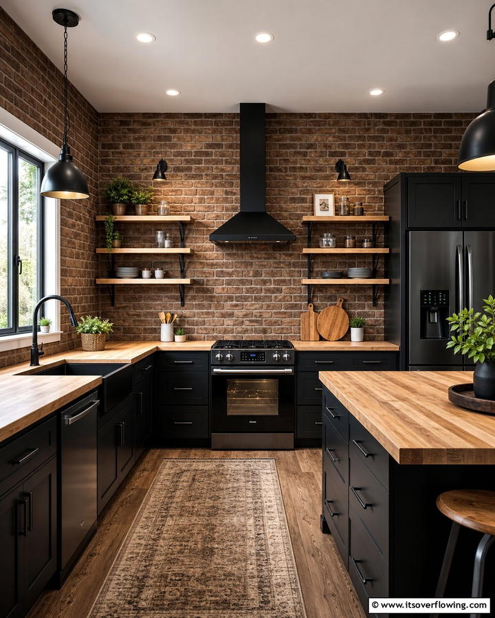 Brown Brick Accent Wall - 25 Black and Brown Kitchen Ideas for a Bold Look