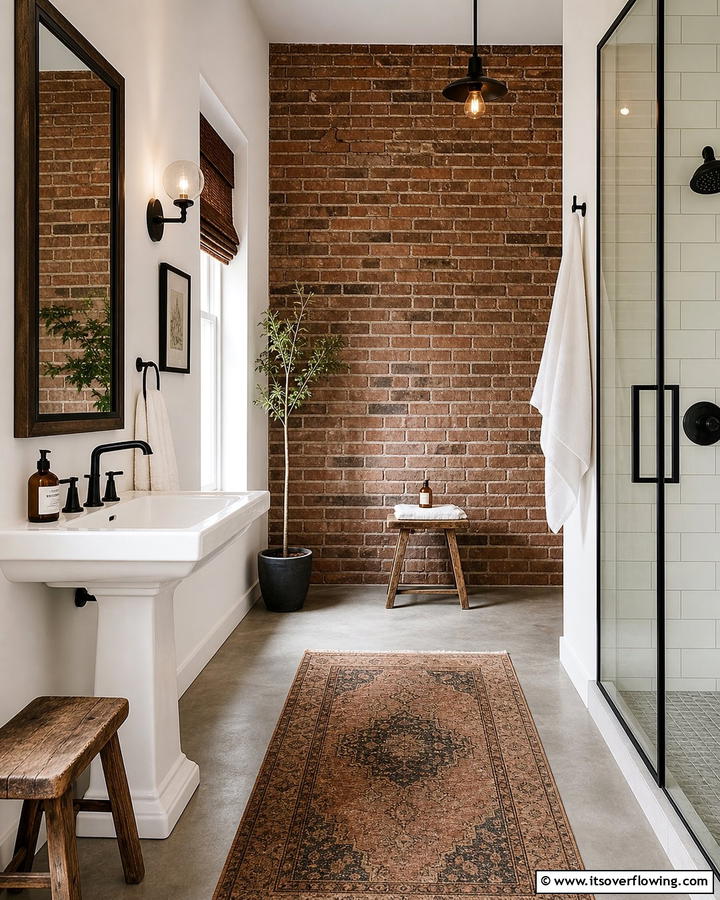 Brown Brick Accent Wall - 20 Timeless Brown and White Bathroom Ideas for a Clean Look