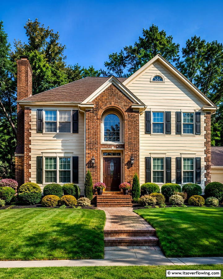 Brown Brick Accents against Cream Siding - 25 Cream and Brown House Exterior Ideas for Warmth