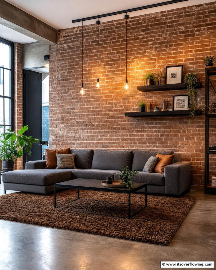 Brown Brick Walls for Industrial Chic - 25 Brown Living Room Ideas for Warm and Cozy Vibes