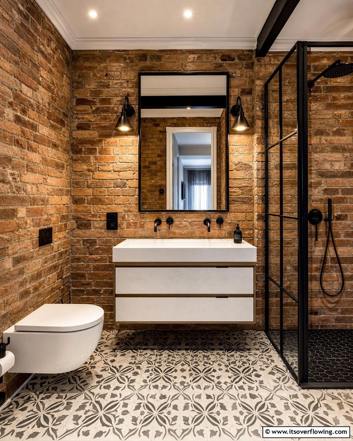 Brown Brick Walls with Black Fixtures - 20 Modern Brown and Black Bathroom Ideas for a Bold Design